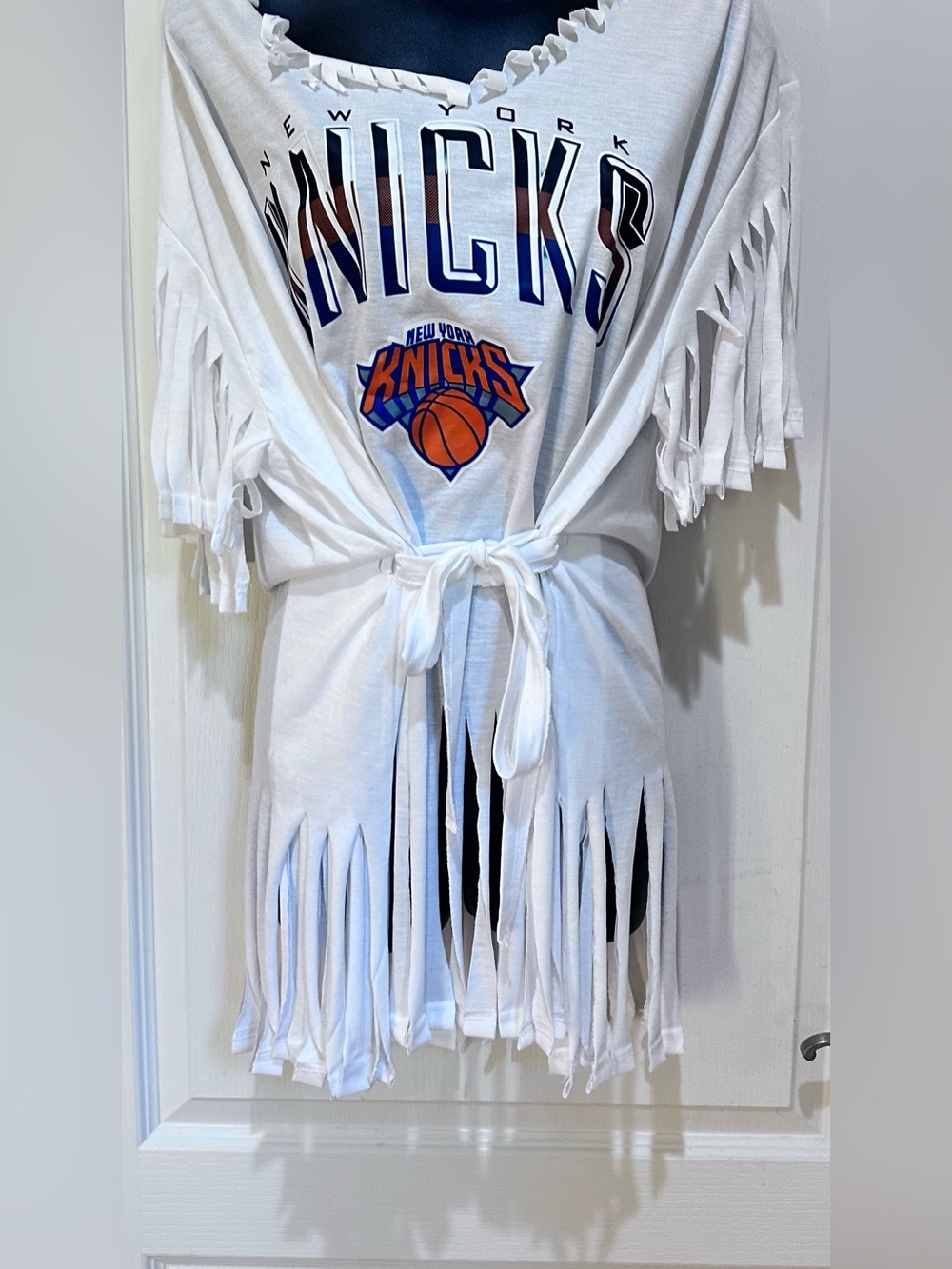 Upcycled rip Off-Shoulder Knicks Fringe Tie-Waist Top size L- 2X. - Picture 3 of 4